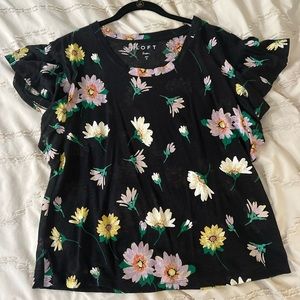 Loft linen tee. Flutter sleeve, floral pattern. Size S.